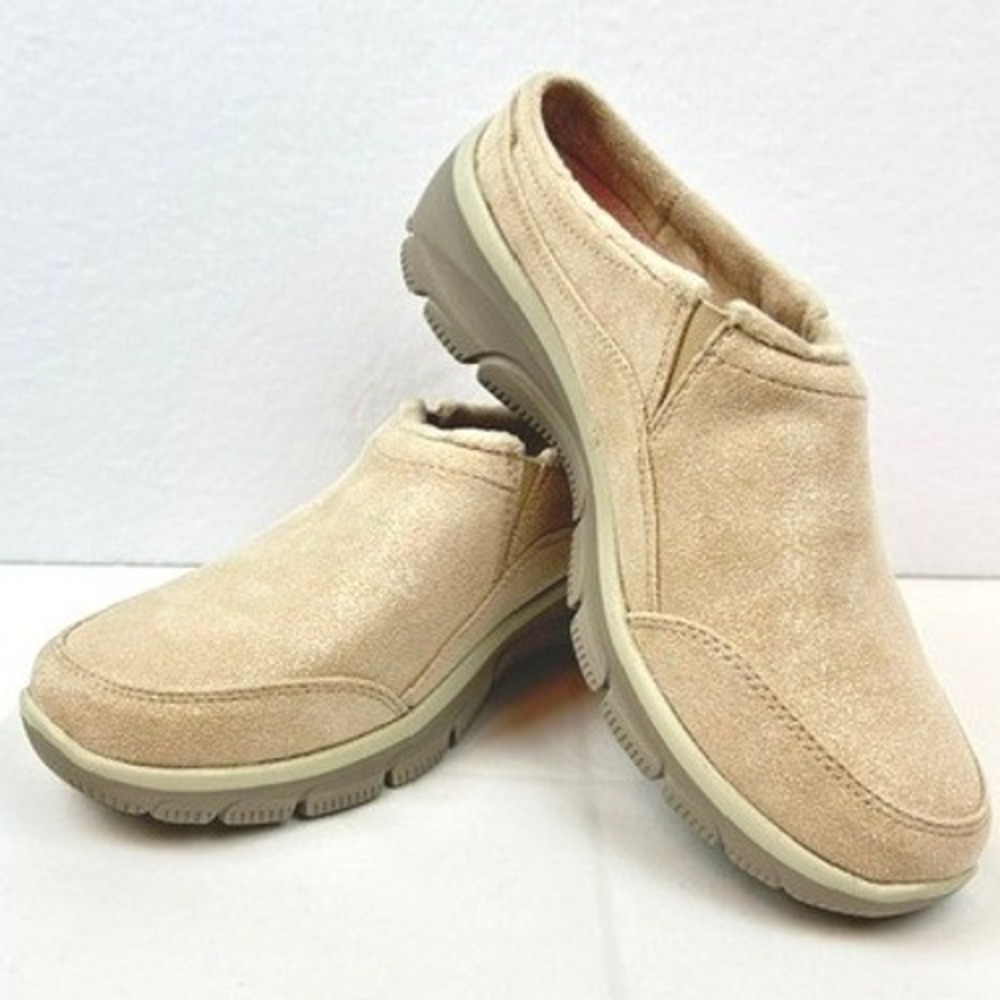 Skechers Martha Stewart Mules Natural Shimmer Leather Faux Fur Women 7.5